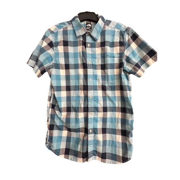 North Face Shirt Mens M Blue Plaid Short Sleeve Button Up Camp Core, Hiking Nerd - Picture 1 of 14